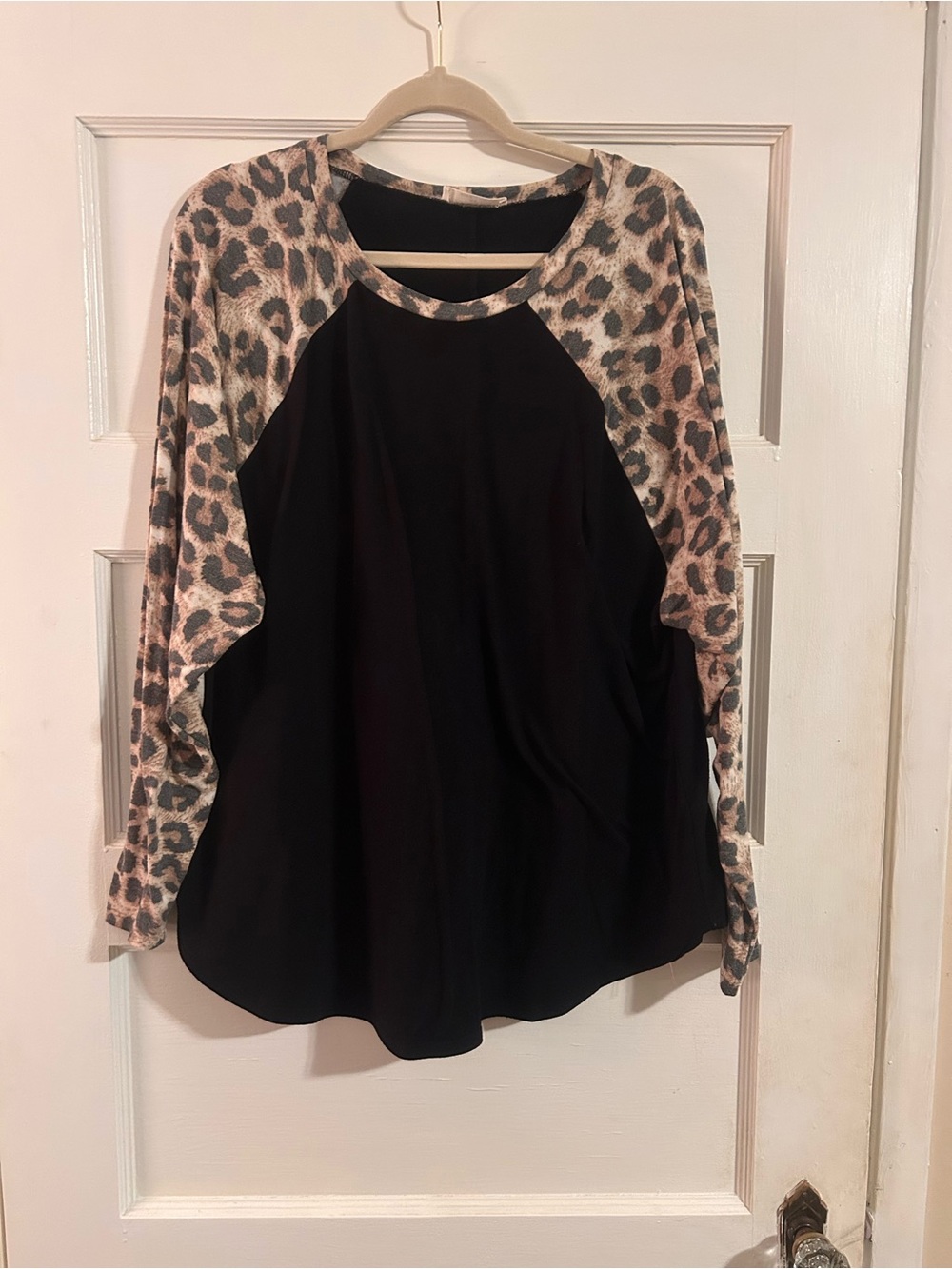 Zenana Outfitters Black Top with Leopard Raglan Sleeves